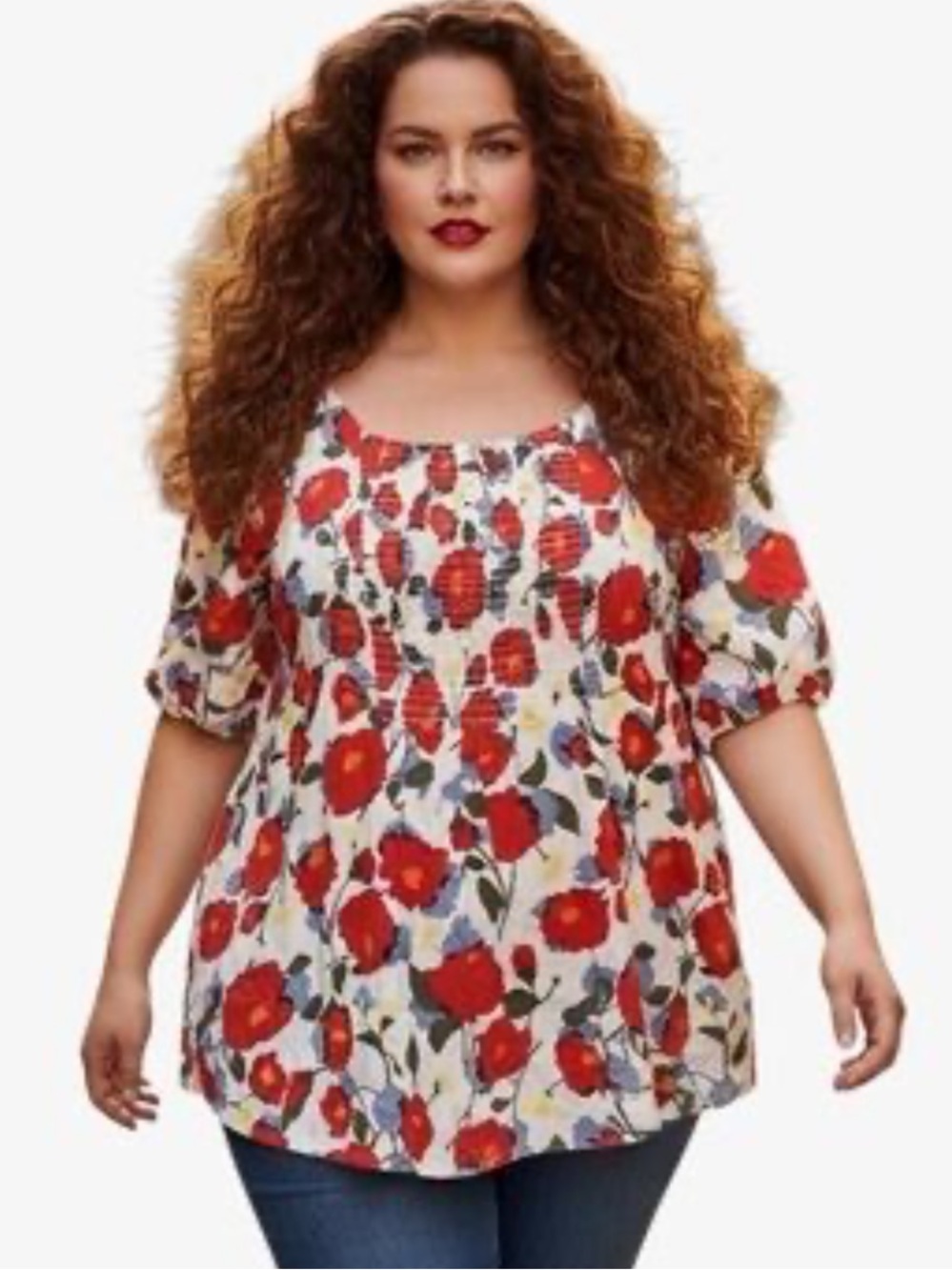 NWT- size 2X Plus-Size White Floral Smocked Peasant Top - Red Floral